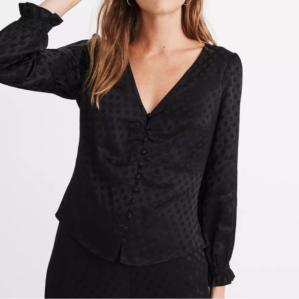 Madewell black on black polka dot V neck blouse top buttons gathered ruffle cuff